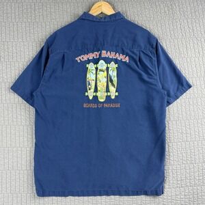 Tommy‎ Bahama Shirt Men Large Blue Silk Boards Of Paradise Longboard Camp Collar